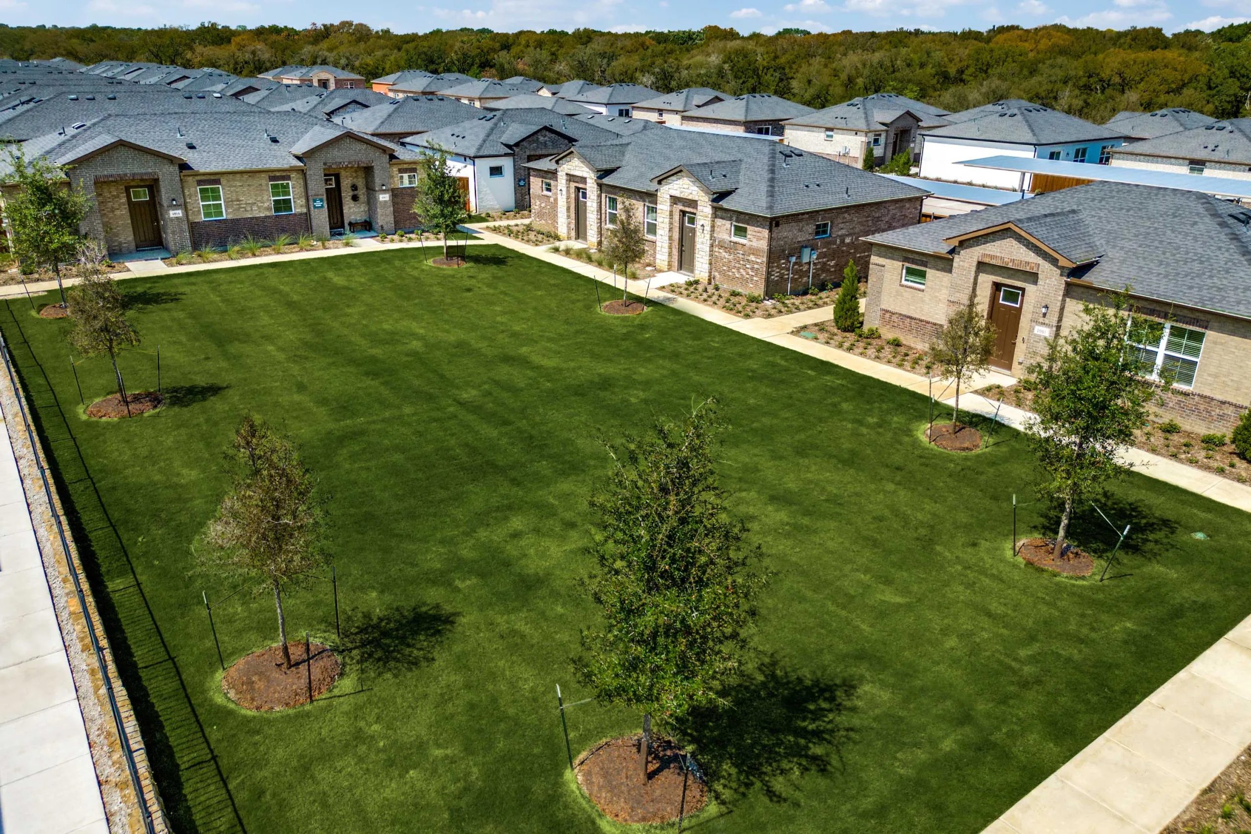 Community lawn in front of brand-new rental homes at Yardly Elm in Denton, Texas. This is a pet-friendly community with plenty of amenities for the whole family!
