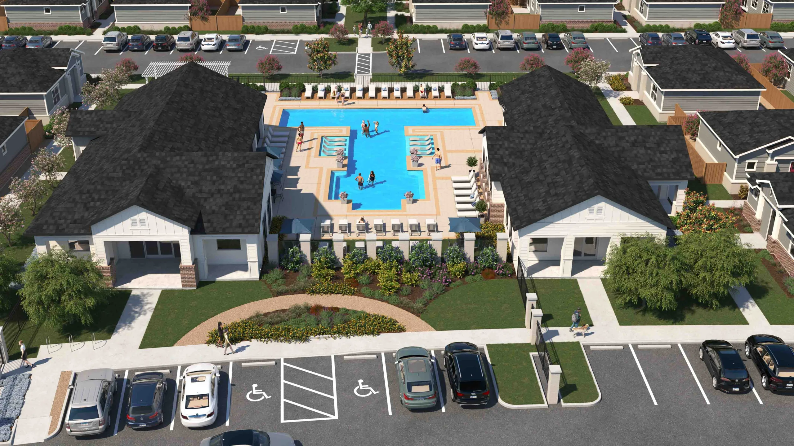 Arial amenity rendering of pool, clubhouse, and fitness center at Yardly Cypress. Leasing office is also in rendering where guests can meet staff and tour new rental homes with private fenced backyards.