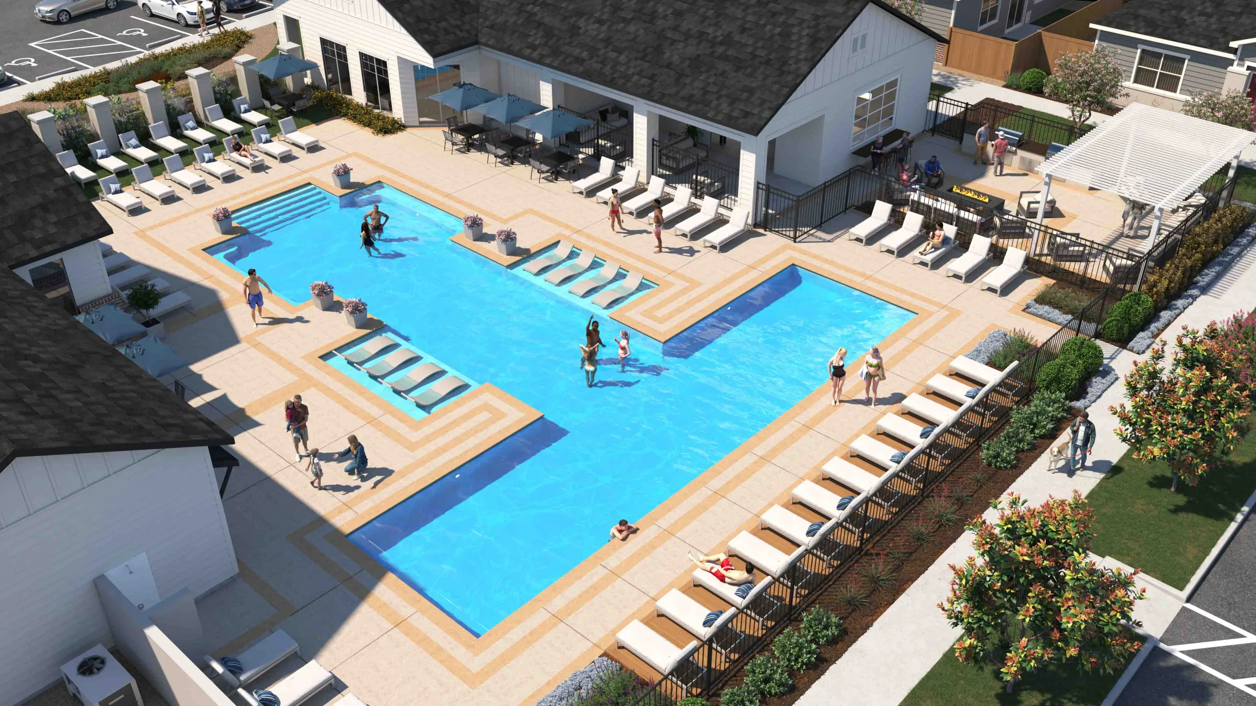 Arial amenity rendering of pool, clubhouse, and fitness center at Yardly Cypress. Leasing office is also in rendering where guests can meet staff and tour new rental homes with private fenced backyards.