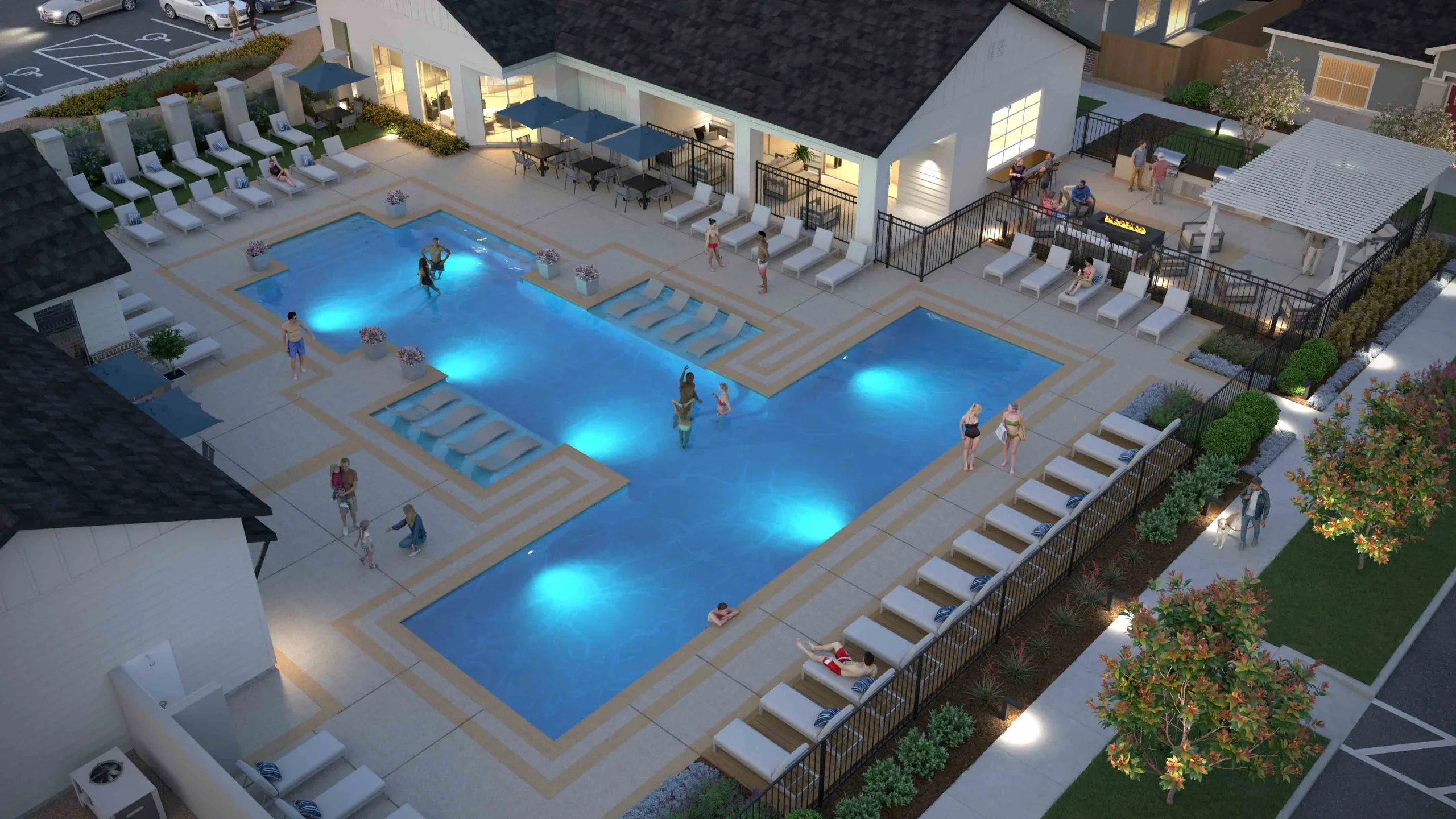 Twilight arial amenity rendering of pool, clubhouse, and fitness center at Yardly Cypress. Leasing office is also in rendering where guests can meet staff and tour new rental homes with private fenced backyards.