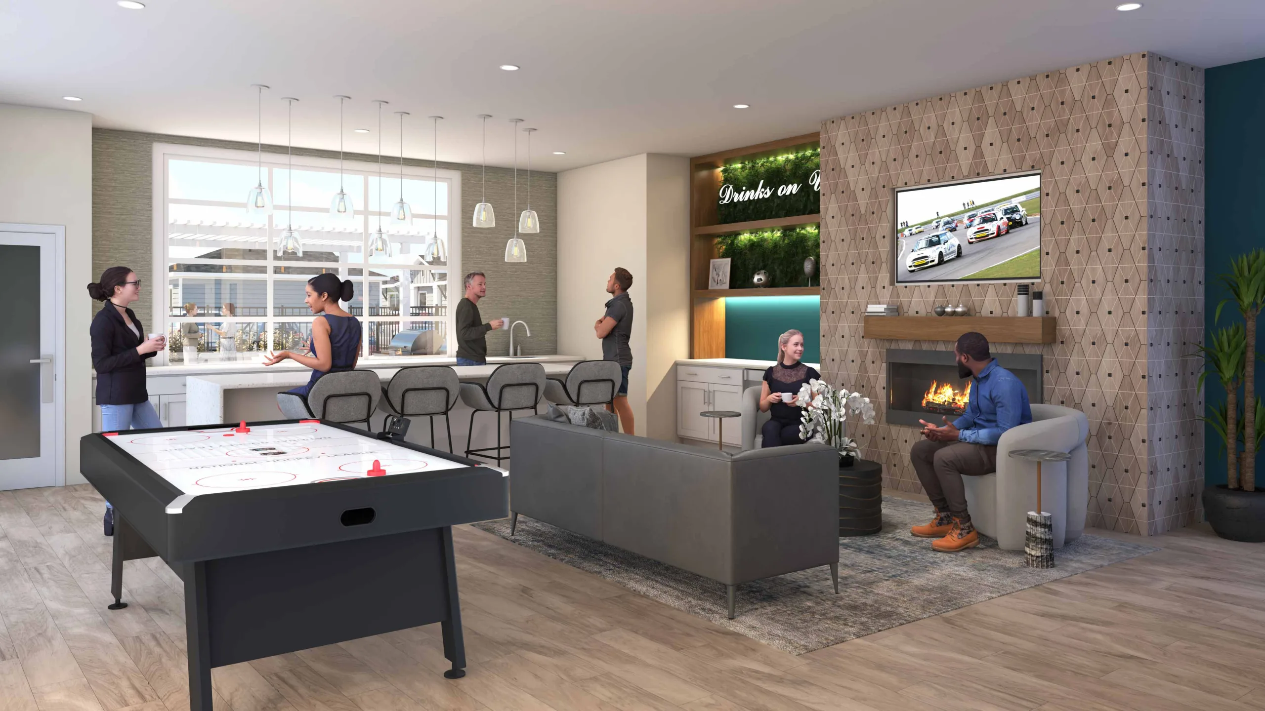 Clubhouse rendering of renters utilizing the clubhouse for hosting and visiting with friends. Renters at Yardly have full access to their clubhouse.