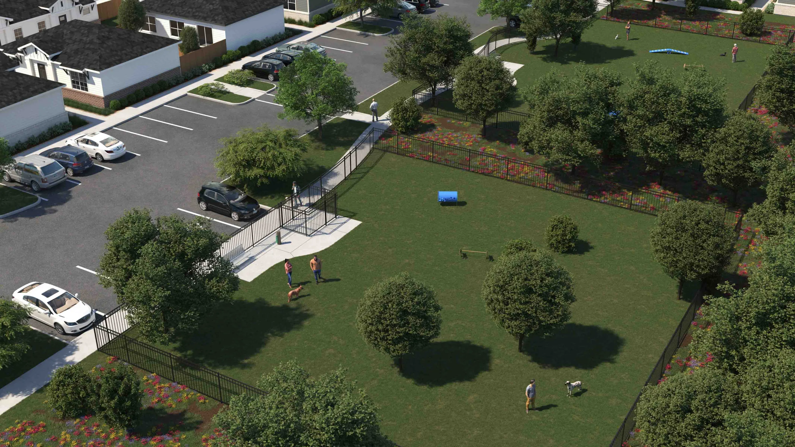 Dog park amenity rendering, Yardly is a pet-friendly complex of cottage-style homes with private backyards and two dog parks onsite. one for small dogs and one for large dogs.